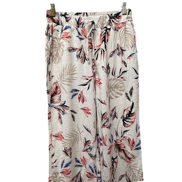 Briggs Wide Leg Pants Linen Blend Beige Floral Size Medium Elastic Waist - Picture 4 of 11